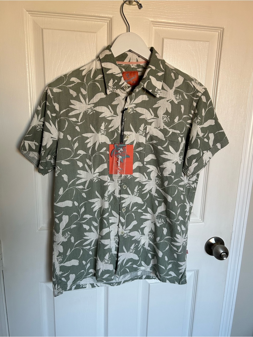 Newport Olive Green and White Tropical Print Button-Down Shirt